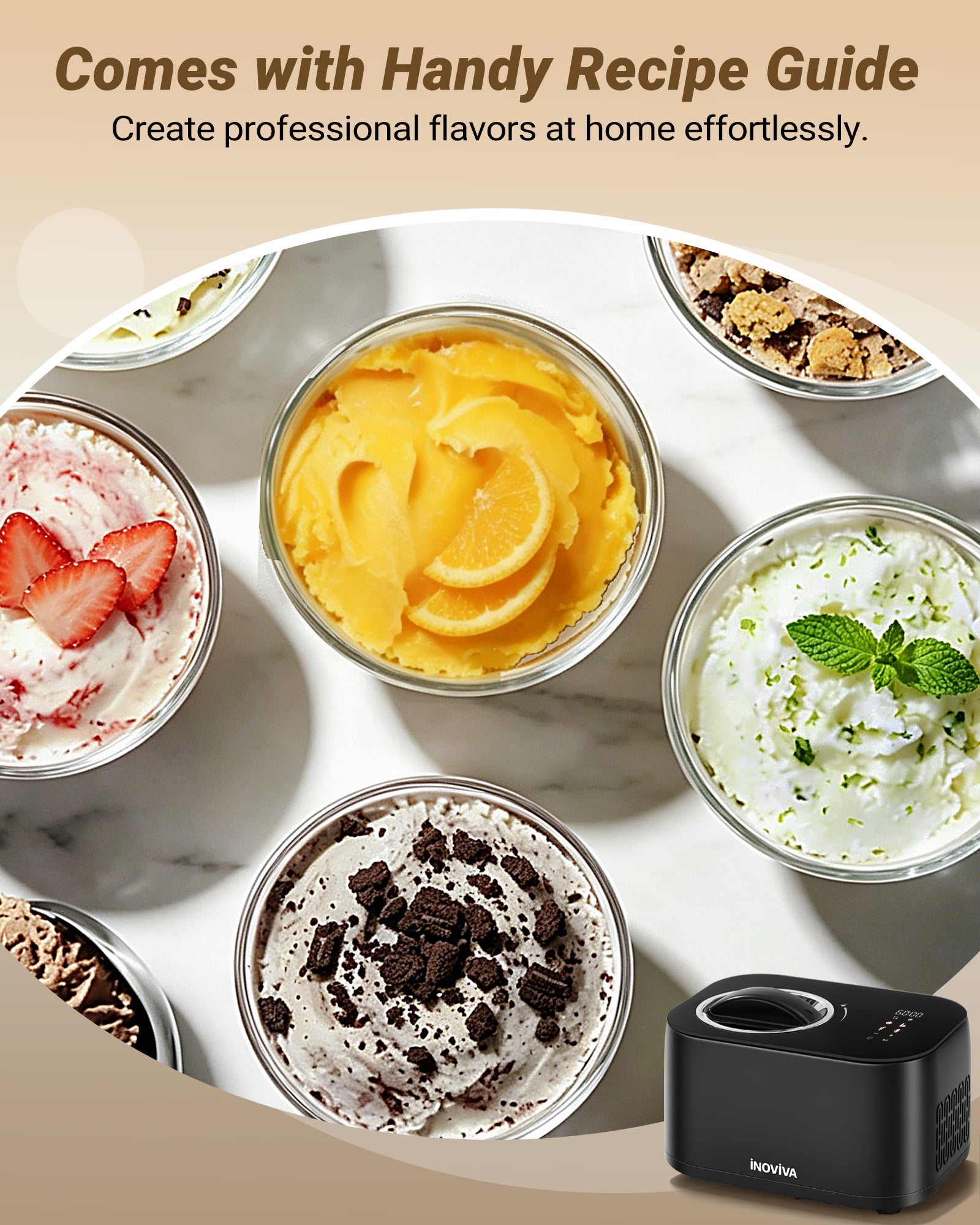 Inoviva 4-in-1 Ice Cream Maker, 1.06QT Capacity, No Pre-Freezing, Digital Display with 4 Preset Functions for Gelato, Frozen Yogurt & Sorbet