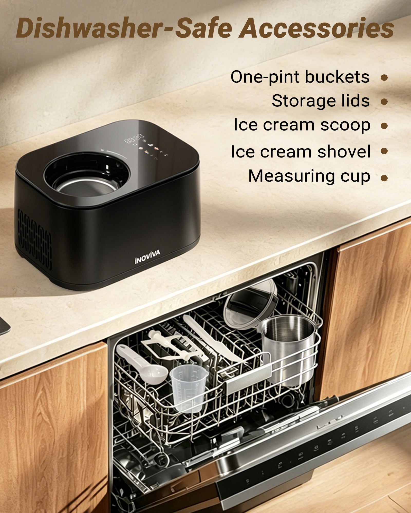 Inoviva 4-in-1 Ice Cream Maker, 1.06QT Capacity, No Pre-Freezing, Digital Display with 4 Preset Functions for Gelato, Frozen Yogurt & Sorbet