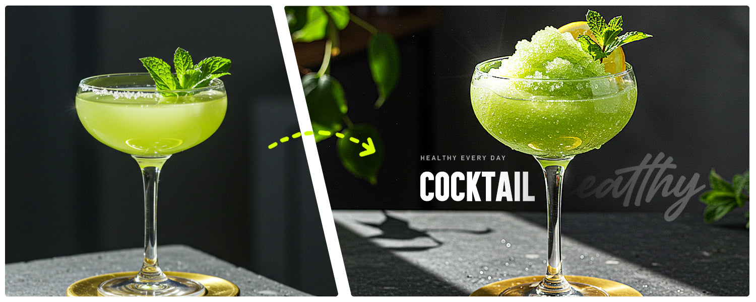 Two green cocktails in glasses with a dark background and 'Healthy Every Day' branding.