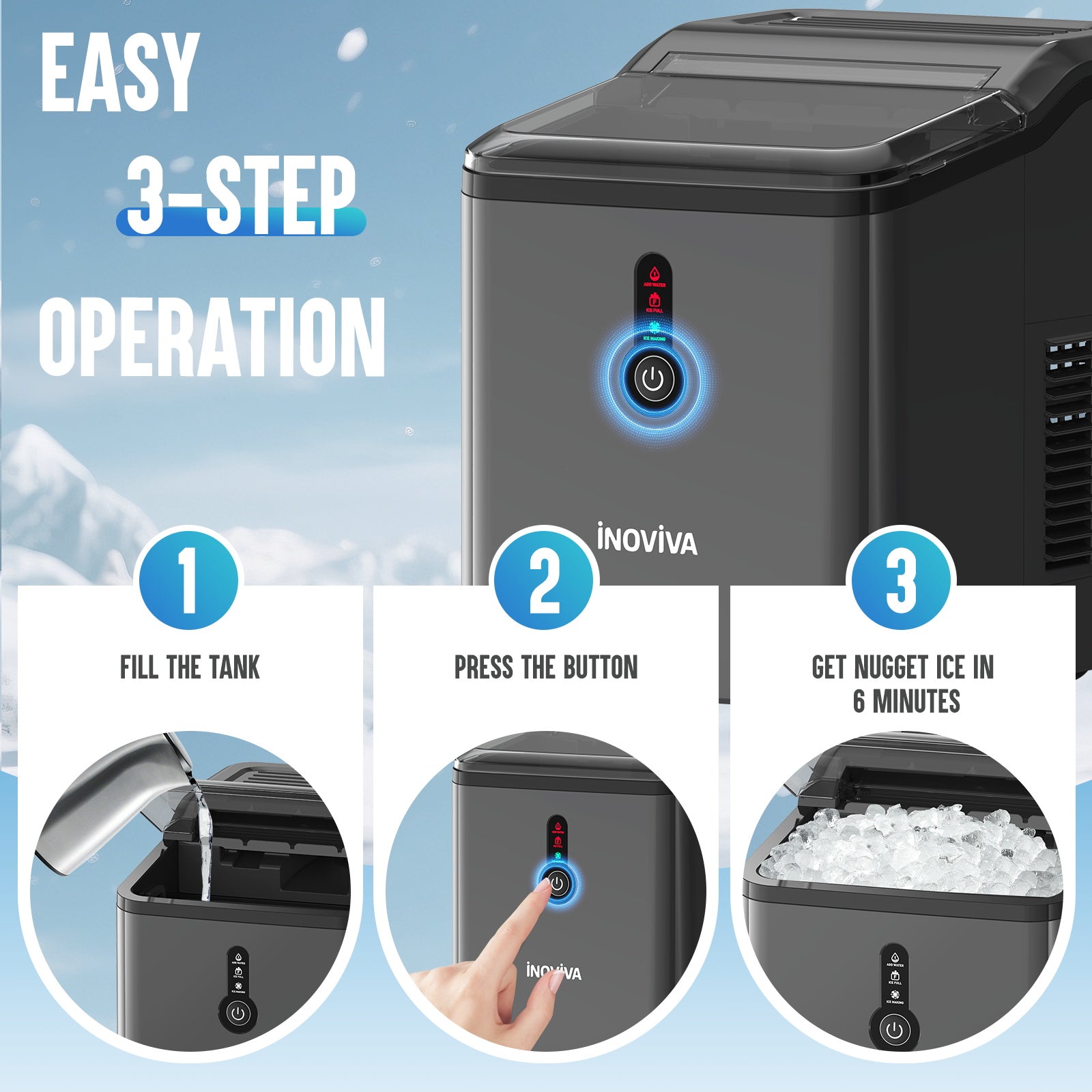 Inoviva ice maker with step-by-step operation guide on a blue background