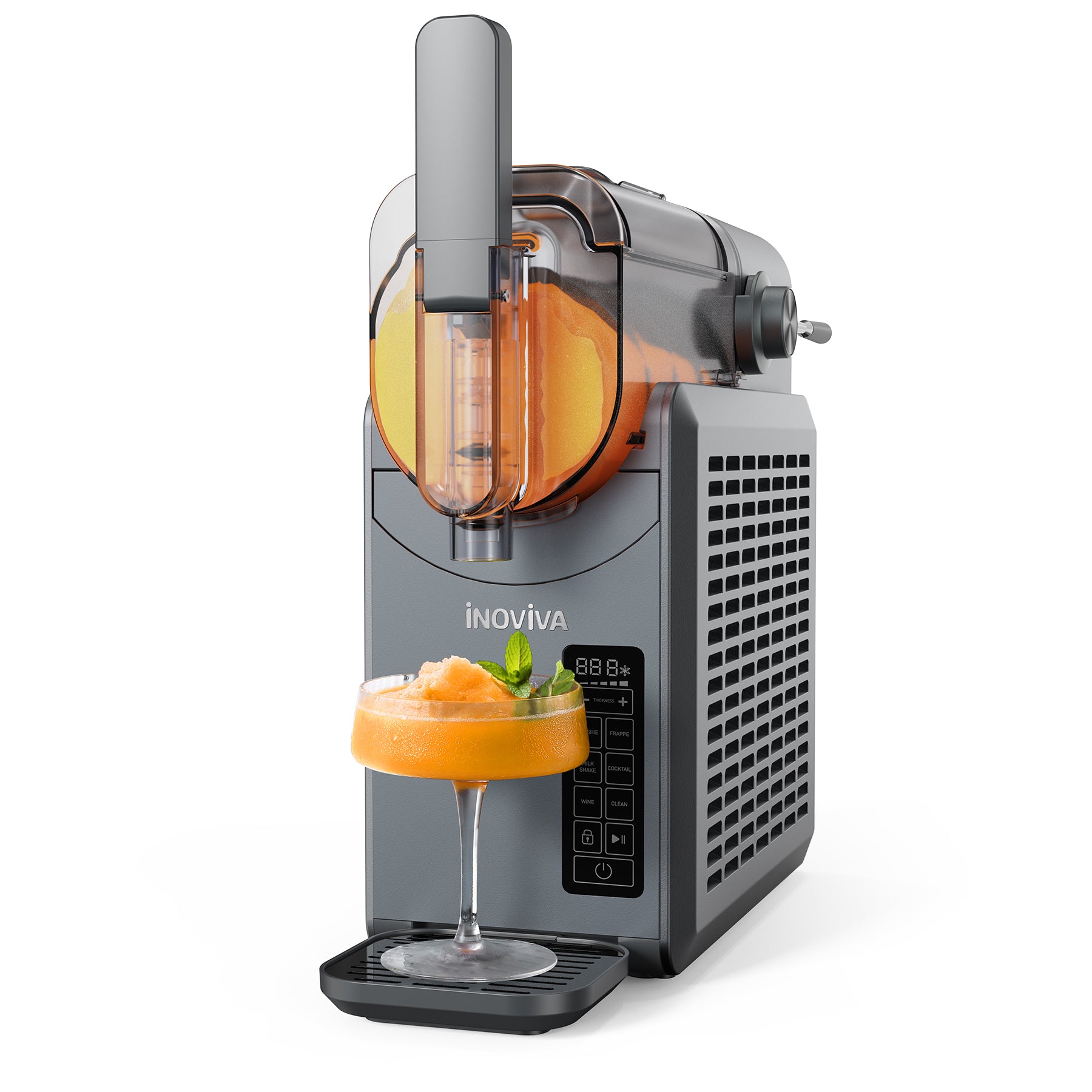 A gray Inoviva slushie machine with a glass of slushie in front, positioned on a white background.