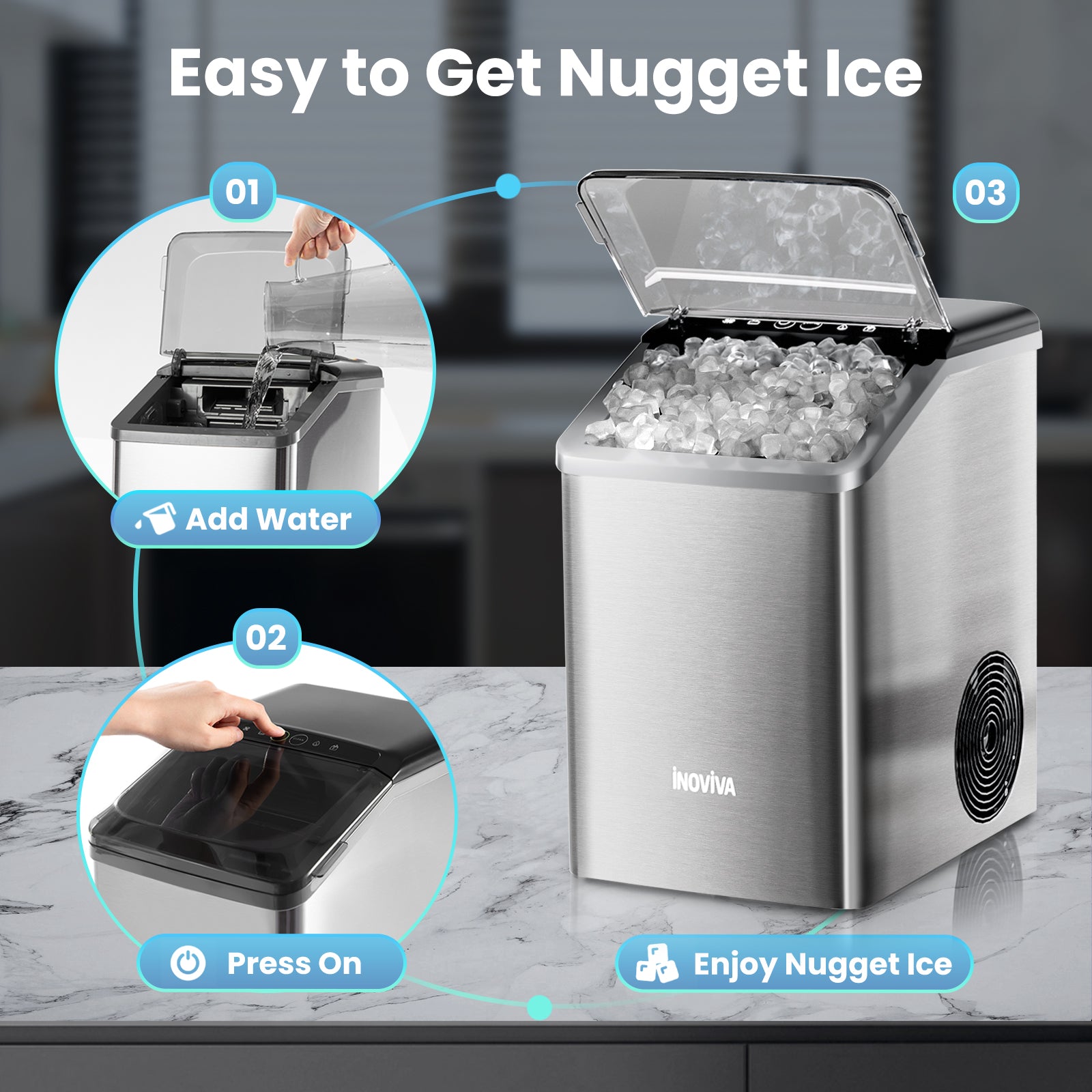Inoviva Nugget Ice Maker K2.0 – Kompakte Kieselstein-Eismaschine für die Arbeitsplatte