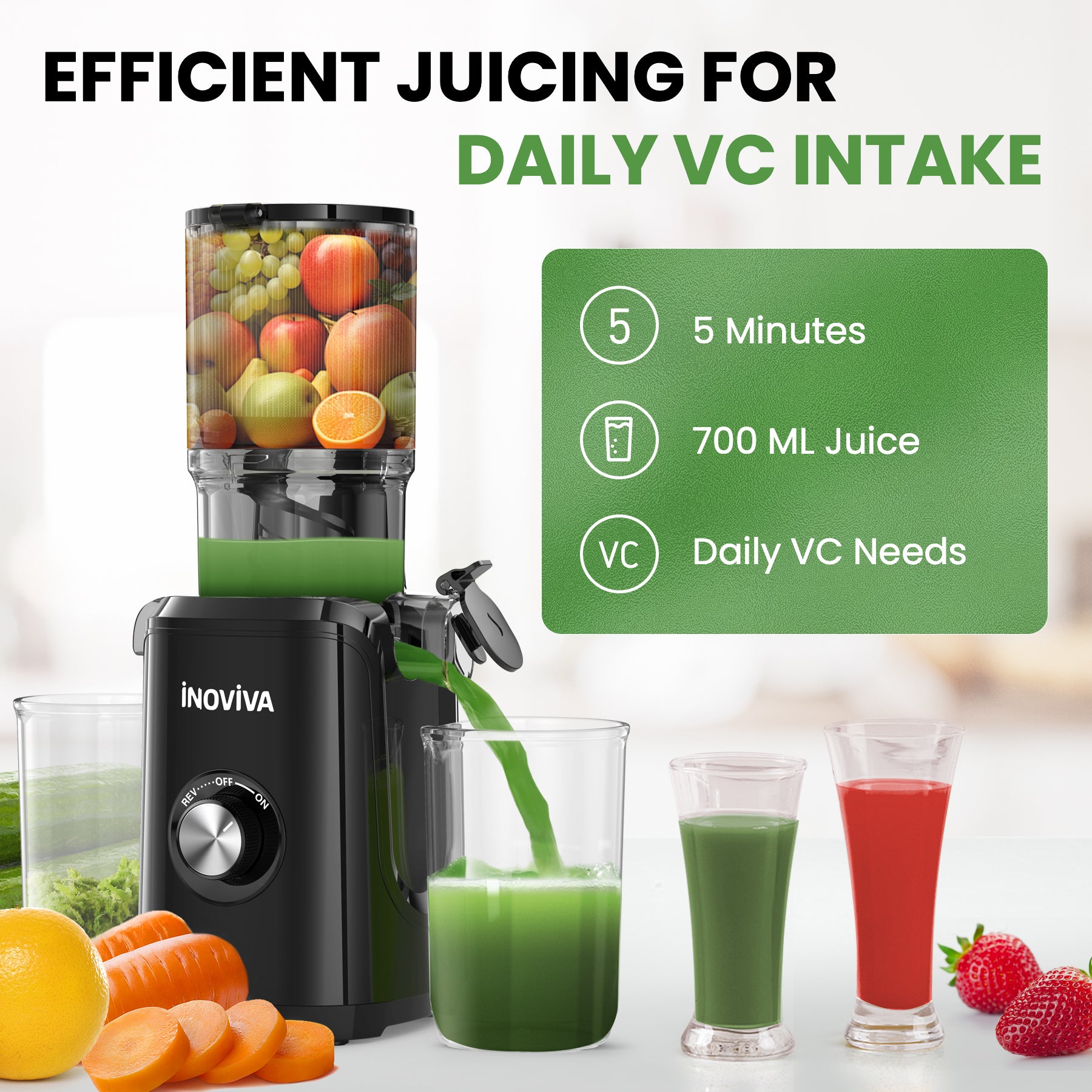 Inoviva Slow Juicer – Kaltpress-Entsafter mit breitem Einfüllschacht für ganze Früchte