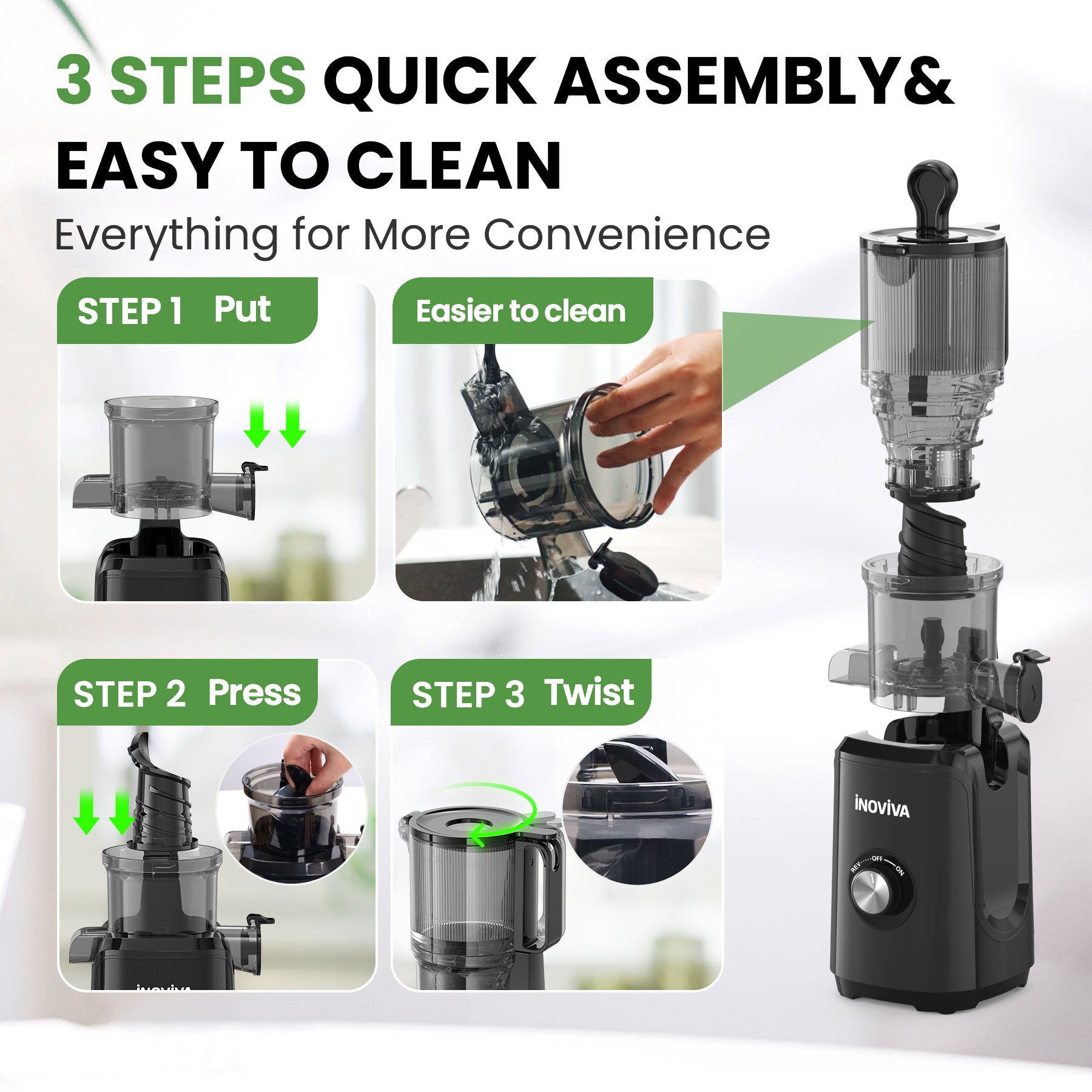 Inoviva Slow Juicer – Kaltpress-Entsafter mit breitem Einfüllschacht für ganze Früchte