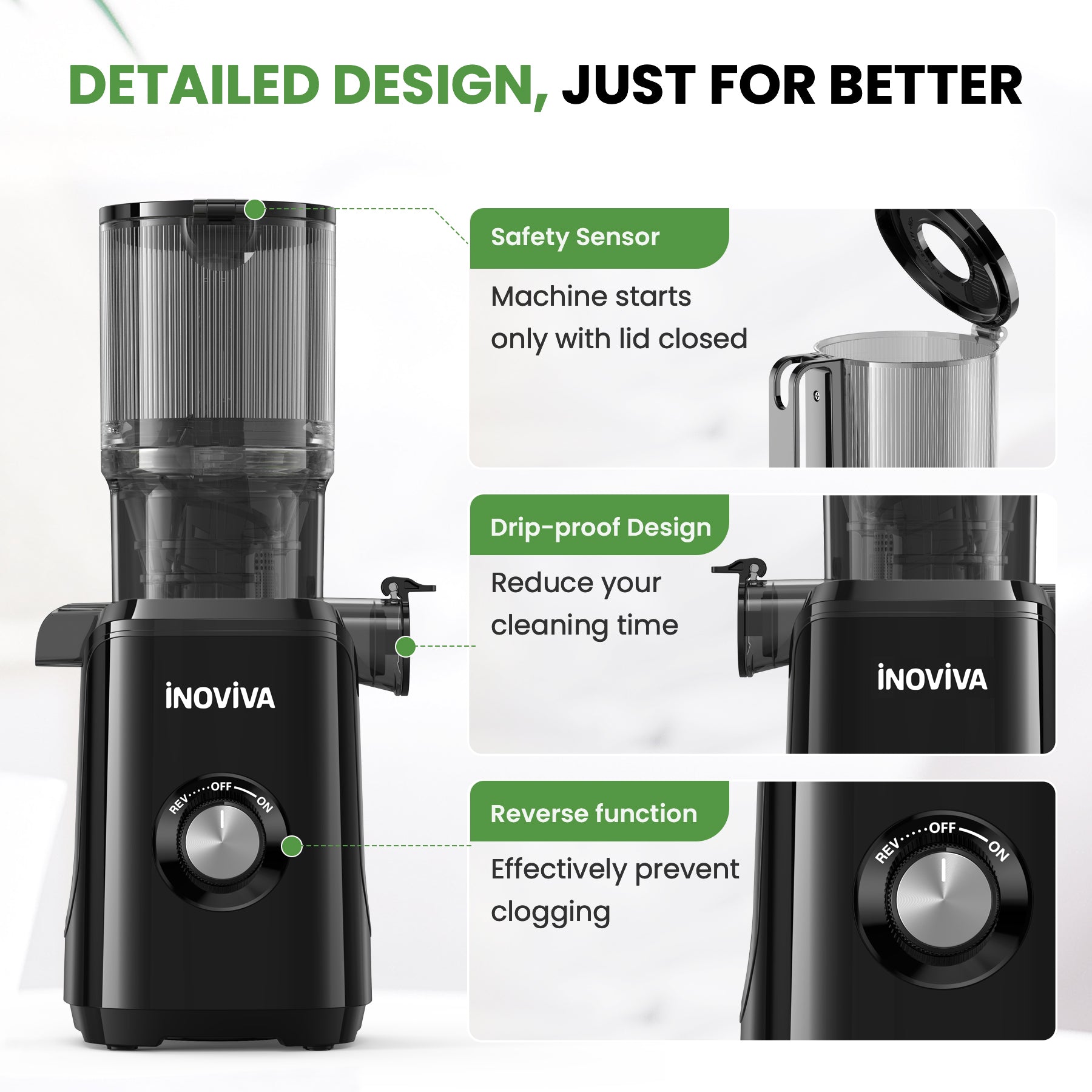 Inoviva Slow Juicer – Kaltpress-Entsafter mit breitem Einfüllschacht für ganze Früchte