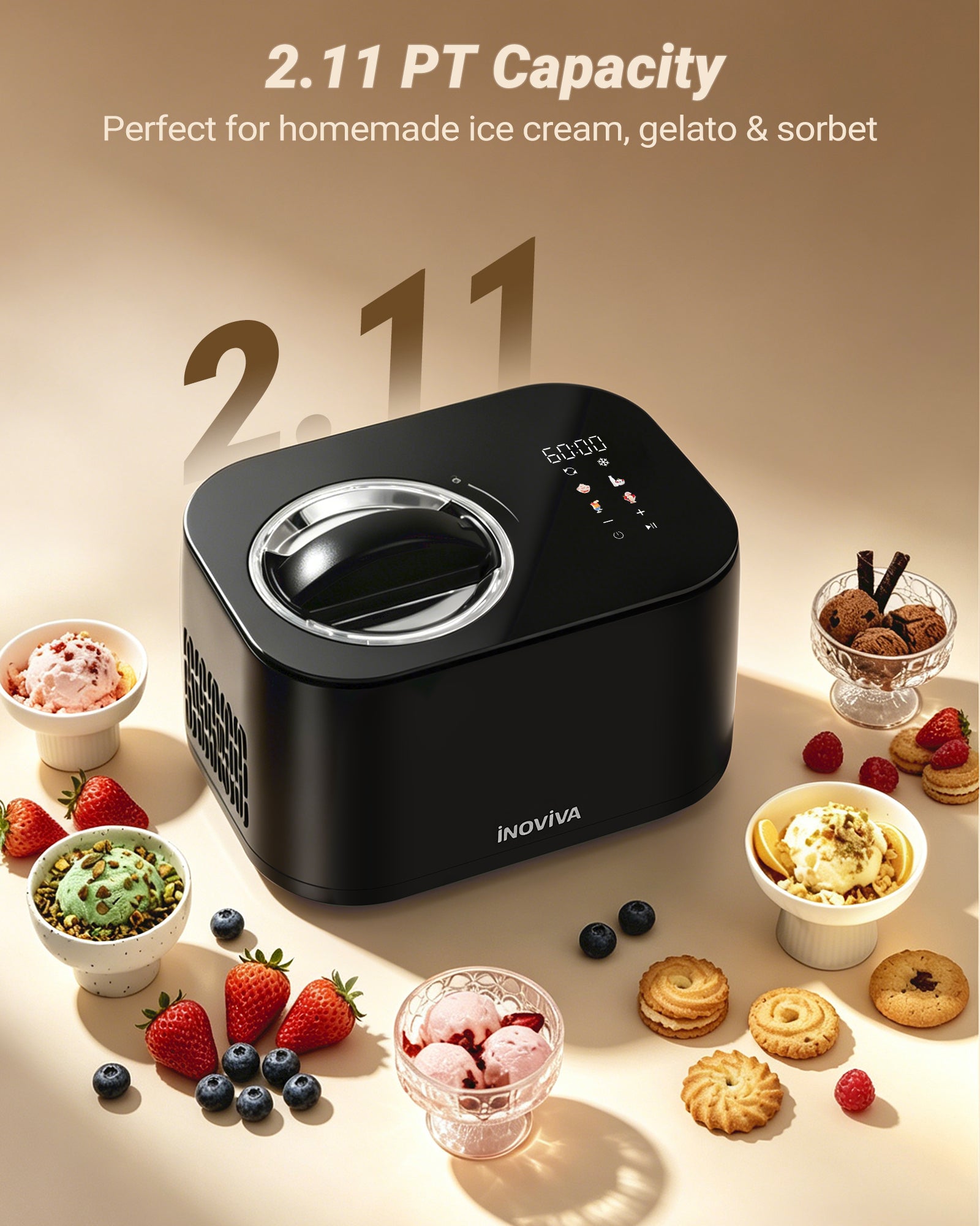 Inoviva 4-in-1 Ice Cream Maker, 1.06QT Capacity, No Pre-Freezing, Digital Display with 4 Preset Functions for Gelato, Frozen Yogurt & Sorbet