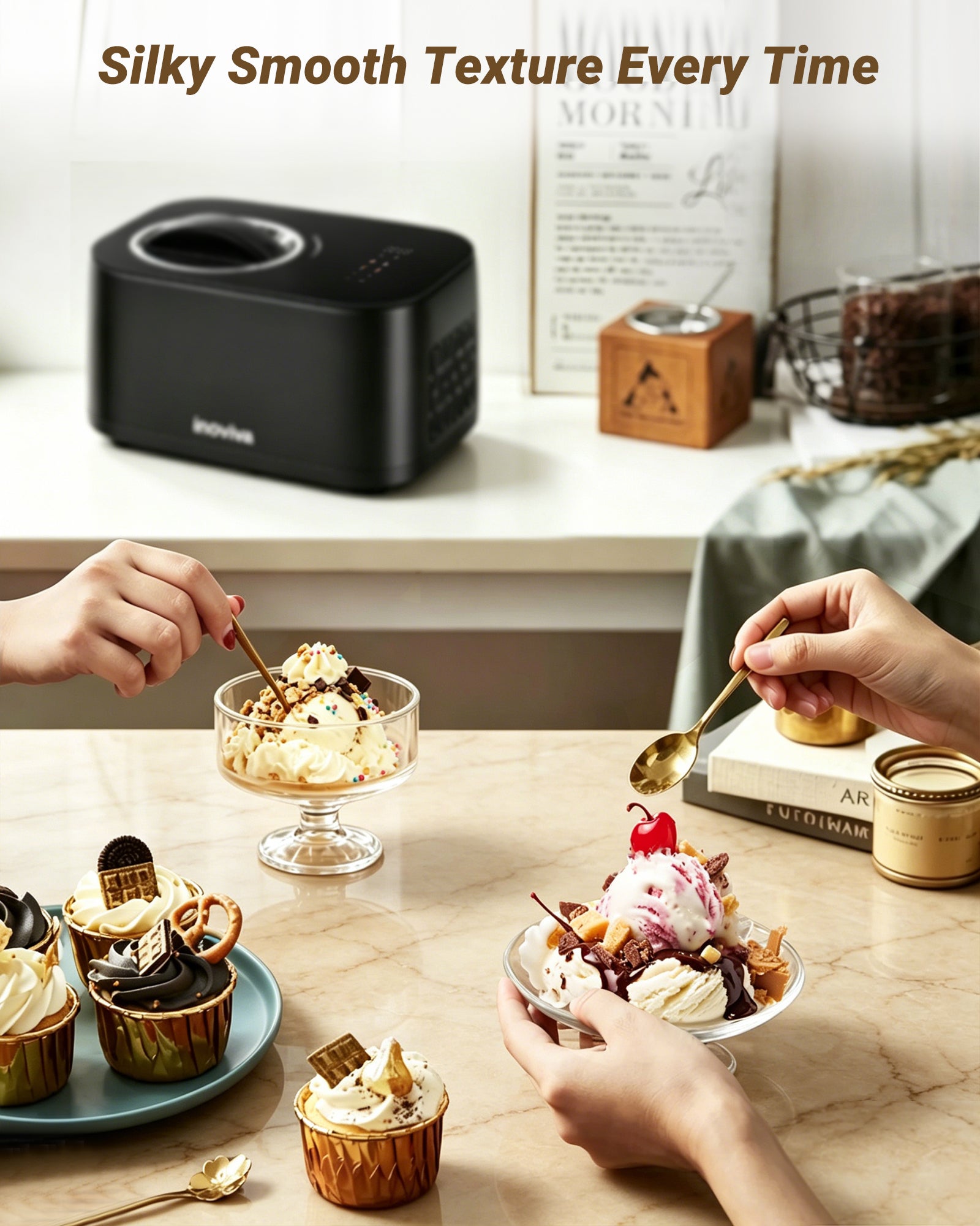 Inoviva 4-in-1 Ice Cream Maker, 1.06QT Capacity, No Pre-Freezing, Digital Display with 4 Preset Functions for Gelato, Frozen Yogurt & Sorbet